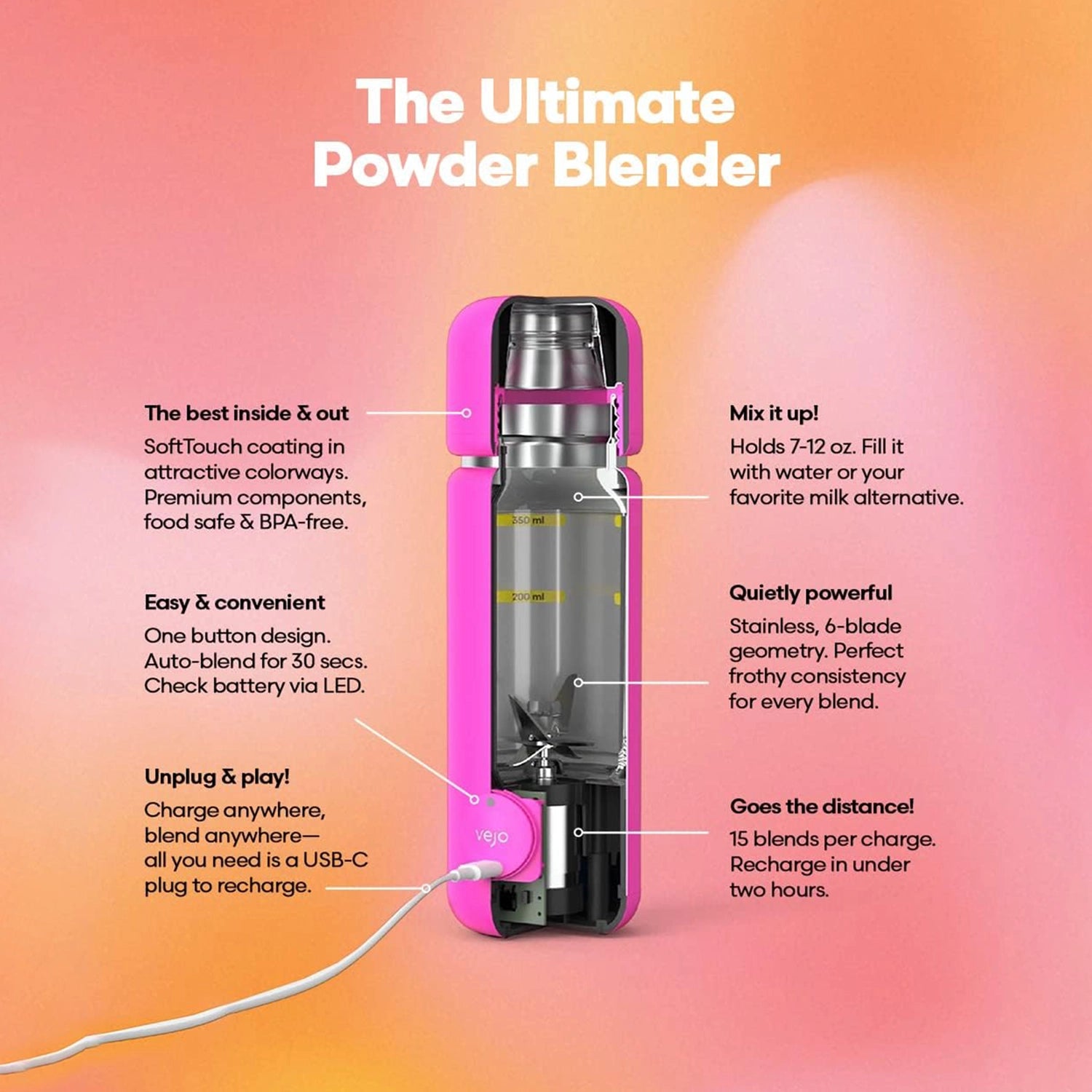 VEJO 12oz Electric Protein Shaker Bottle – USB Rechargeable Powder Mixer for Protein Shakes